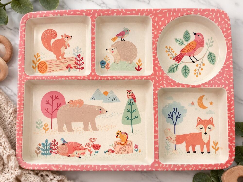 Love Mae Woodland Friends Divided Kids Plate Pink Bear Fox Owl Bamboo Melamine